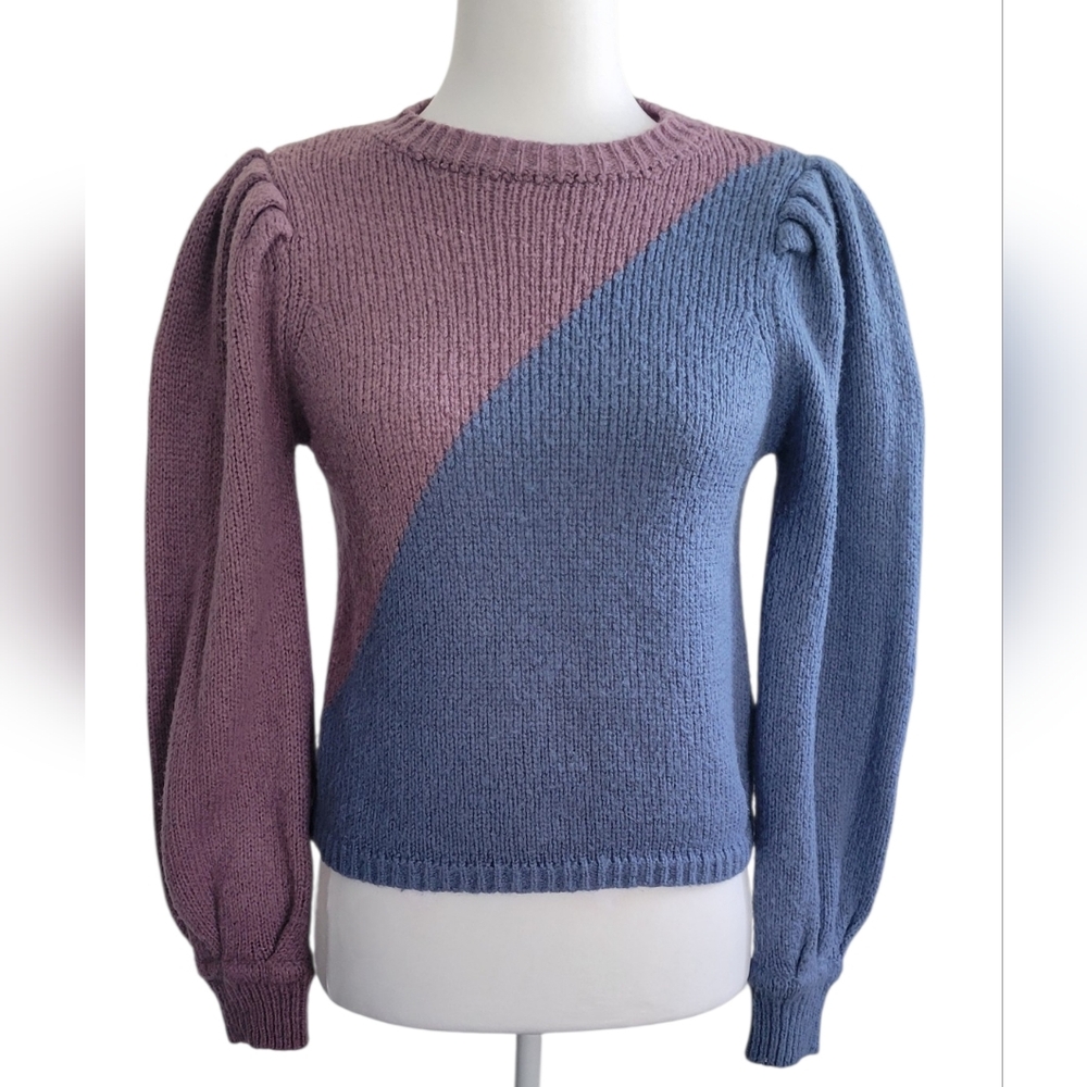24Colours Color Block Puff Sleeve Sweater - Mauve and Blue, Women's Medium